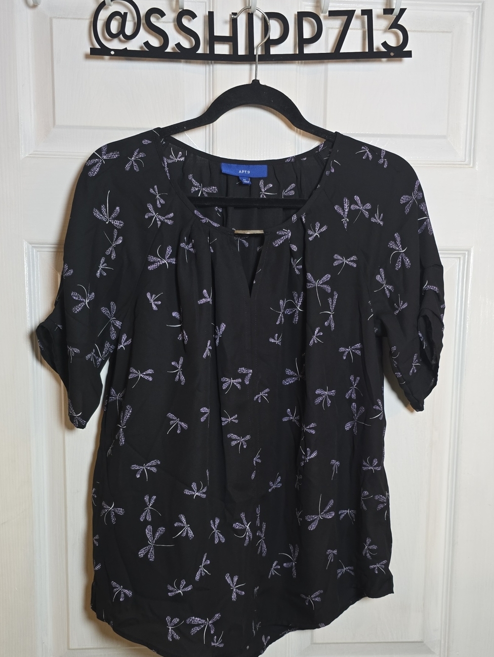 a new day M Medium Black Blouse with Lavender Dragonfly Print